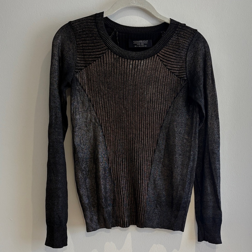 AllSaints Black and Bronze Ribbed Metallic Crewneck Sweater